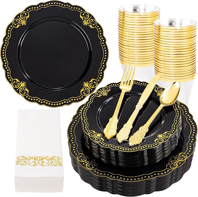 Ciaell 175 PCS Black and Gold Plastic Plates - Black Disposable Dinnerware Set with 50 Plates, 25 Knives, 25 Forks, 25 Spoons, 25 Cups, 25 Napkins for Parties and Weddings