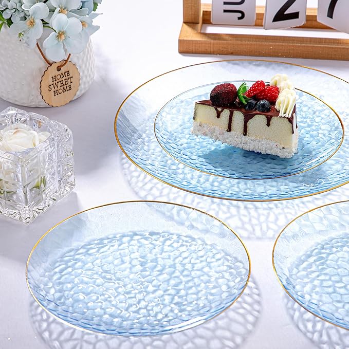 DaYammi 100PCS Blue and Gold Plastic Plates - 10 inch Clear Blue Gold Dinner Plates - Hammer Pattern Design - Fancy Disposable Plates - Heavy-Duty Party Plate for All Occasions