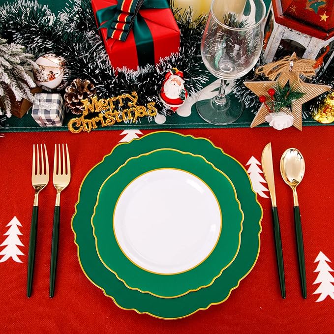 WDF 30Guest Christmas Plates Disposable - Gold Plastic Silverware With Green Handle - Baroque Green &Gold Plastic Dinnerware for Wedding Birthday Party St. Patrick’s Day
