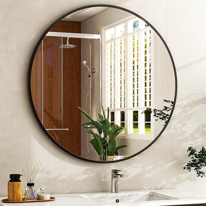 30 Inch Round Bathroom Mirror - Black Wall Mounted Circle Mirror with Metal Frame, Modern Round Hanging Mirror Suitable for Bathroom, Vanity, Entryway, Living Room