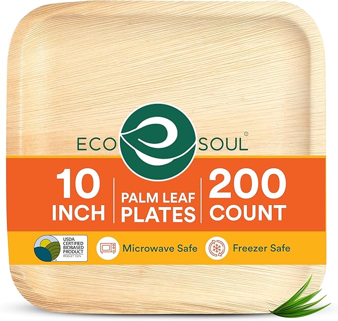 ECO SOUL Palm Leaf Disposable Bamboo Plates 10" Square Compostable & Biodegradable Party Plates for Dinner, Weddings, Parties & Events 200 Count