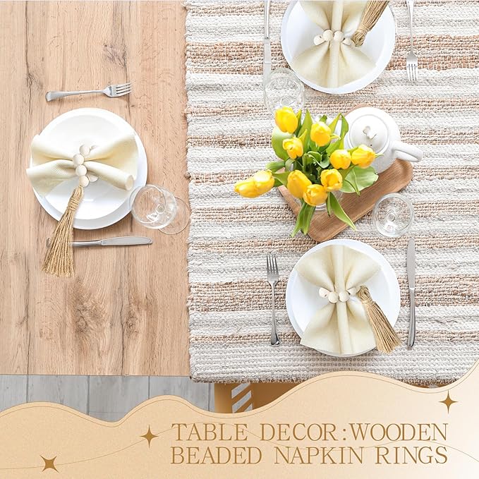 Maxcheck 60 Pcs Wood Bead Napkin Rings with Tassel Handmade Wooden Farmhouse Napkin Ring Natural Beaded Napkin Ring Holders for Tabletop Dining Party Wedding Gathering Home Decoration (Rustic)