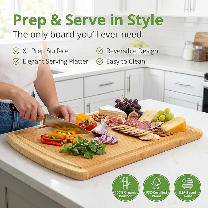 Organic 18 Inch Extra Large Bamboo Cutting Board with Lifetime Replacements - Non Toxic Wood Chopping Board with Juice Groove for Kitchen, Meat, Vegetables, and Food Prep by Greener Chef