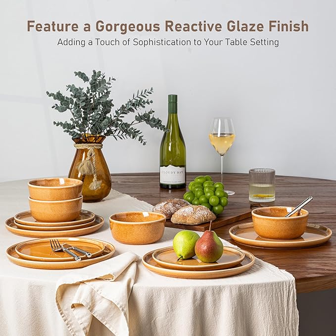 GBHOME Ceramic Dinnerware Sets for 8, 24 Pieces Stoneware Plates and Bowls Sets, Scratch Resistant Dishes, Dishwasher & Microwave Safe, Reactive Glaze-Amber