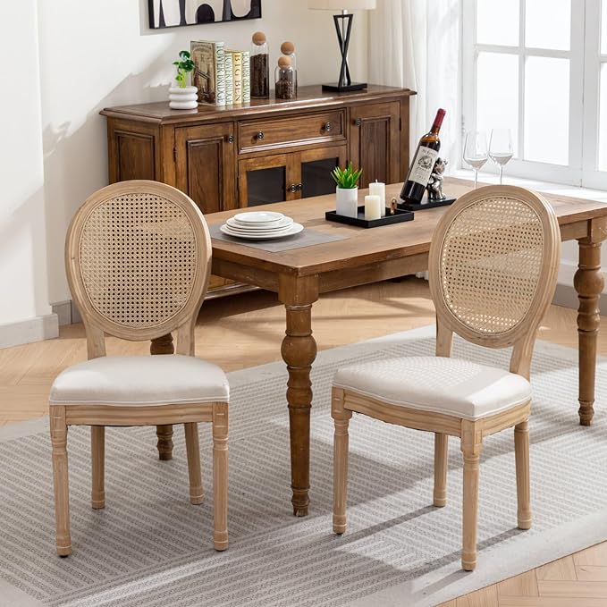 Vintage French Rattan Dining Chairs Set of 2, Solid Wood Frame with Round Rattan Back and Linen Upholstered Seat, Farmhouse Accent Sillas de Comedor Side Chairs for Dining Room & Kitchen, Beige