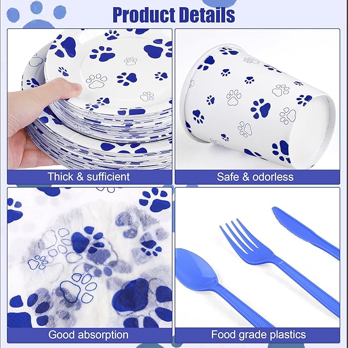 Kochorie 400 Pieces Blue Paw Disposable Party Tableware Sets Dog Puppy Supplies Including Plates Cups Napkins Cutlery Serves 50 for Birthday Puppy Theme Party Decorations