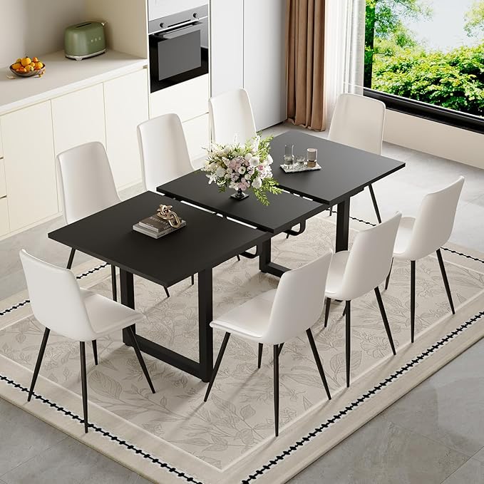 Extendable Dining Table Set for 8, 55"–71" Modern Black Kitchen Table with 8 Upholstered Chairs, Space-Saving for Living Room Apartment, Sturdy & Comfortable, Easy Assembly