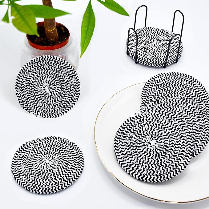 ABenkle 8 Pcs Drink Coasters with Holder, Cotton Woven Absorbent Coasters for Drinks, Minimalist Home Decor Coaster Set for Wooden Tabletop Protection Table, 4.3 inches