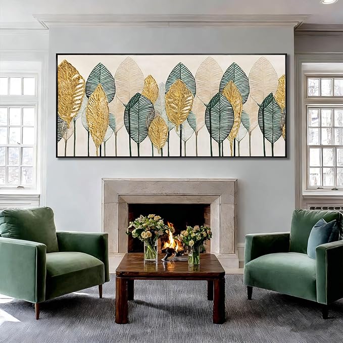 CHUDANHAO Green and Gold Wall Art Leaves Wall Decor Modern Canvas Painting 32"x70" Pictures for Dining Room Area Large Artwork for Living Room
