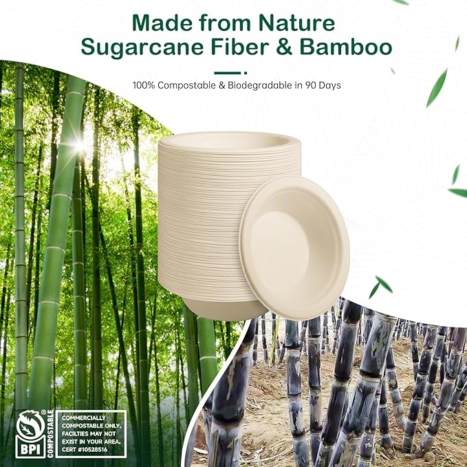 𝟴 𝗼𝘇, 𝟭𝟮𝟴-𝗣𝗮𝗰𝗸 Compostable Paper Bowls, Heavy-Duty Biodegradable Disposable Bowls Made from Bagasse, Eco-Friendly, Microwave & Freezer Safe (Natural)