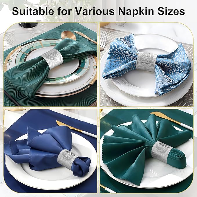 Christmas Napkin Rings Set of 100, 2 Colors in 1, Reusable Adjustable Napkin Bands for Holiday Parties, Wedding, Thanksgiving Table Decor, Waterproof Tear-Proof (Silver) Great Gift Idea