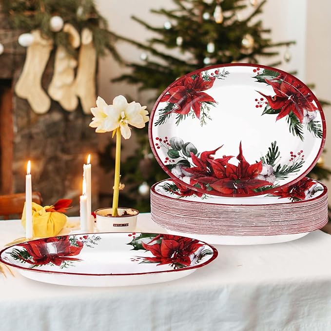 50 Pcs Christmas Oval Plates 10" x 12" Large Disposable 400 GSM Heavy Duty Red Poinsettia Floral Paper Dessert Plates Christmas Birthday Party Decorations for Festive Xmas Theme Dinner Party Supplies