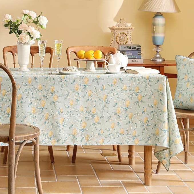 patdrea Designer Linen Green Tablecloth for Rectangle Table,Vintage Yellow Fruits Pattern Extra Long Table Cloth,Decoration Cover for Kitchen Dining,Christmas,Thanksgiving,Party,63"x110"-Ania a