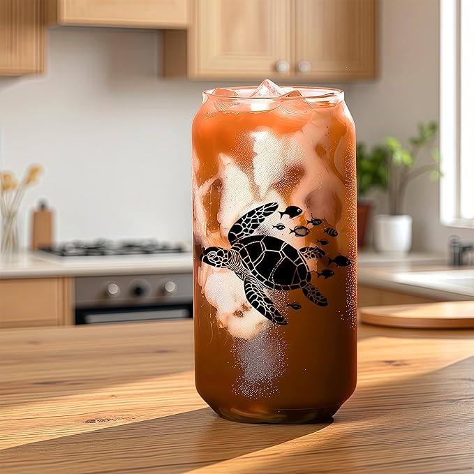 Cute Turtle Glass Cup With Lids And Straws, Turtle Gift For Women, IIced, Coffee, Smoothie, Cocktail, Beer, Whiskey, Soda, Matcha,16 Oz, Home Office Table Desk Decoration!