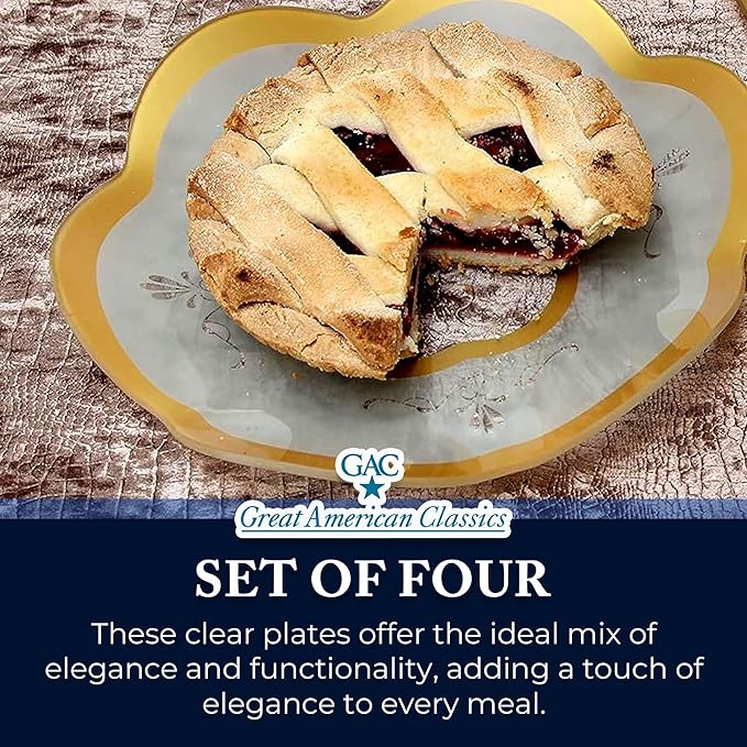 GAC Scalloped Tempered Glass Dessert Plates and Platters - Elegant Dinnerware & Decorative Plates with Gold Trim, Ideal for Serving Food, Special Occasions, and Presents - Set of 4, 7.5 Inch