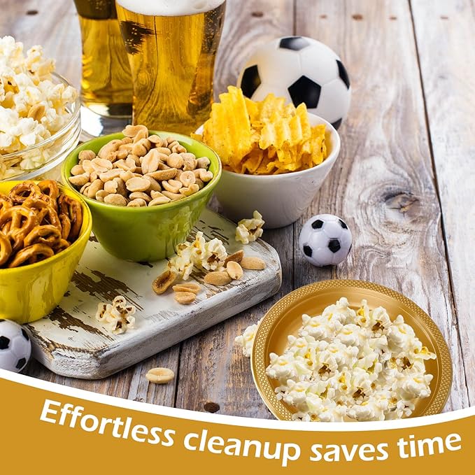 Zopeal 200 Pcs Gold Plastic Dessert Plates 6 Inch Round Gold Disposable Plates Heavy Duty Wedding Dinner Tableware for Birthday Party Dinner Picnic Salad, Appetizer Party Supplies