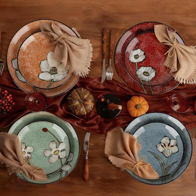 Ceramic Dinner Plates Set of 4, 11 Inch Underglaze Painting Large Porcelain Plates, Salad Plates-Microwave, Oven and Dishwasher Safe, Scratch Resistant