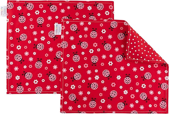 Funkins Reusable Cloth Placemats for Kids & Lunch Boxes | Reusable, Eco-Friendly | 15"x13", 2-ply, Thick, Absorbent, Machine Washable | Set of 2 Placemats (Ladybugs)
