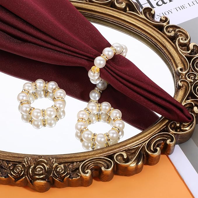 60Pcs Pearl Napkin Rings,Imitation Pearl Beaded Napkin Ring Holder,Serviette Napkins Rings Bulk for Wedding Reception Dinner Table Decor Banquet Home Party (White&Gold, 60Pcs)