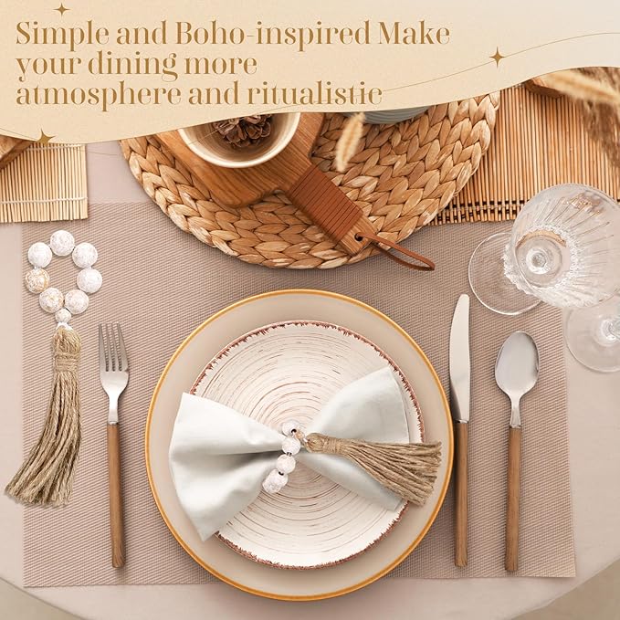 Maxcheck 12 Pcs Wood Bead Napkin Rings with Tassel Handmade Wooden Farmhouse Napkin Ring Natural Beaded Napkin Ring Holders for Tabletop Dining Party Wedding Gathering Home Decoration (Whitewashed)