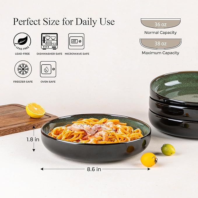 LERATIO 8.5'' Large Ceramic Pasta Bowls, 36oz Pasta Serving Bowls Set of 4 for Kitchen, Wide Bowls for Fruit,Pasta,Salad,Oatmeal,Meal, Microwave Safe, Reactive Glaze