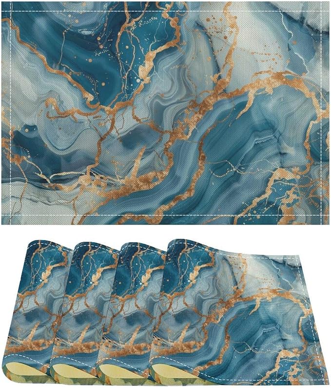 Marble Linen Placemats Set of 4, Modern Abstract Foil Stone Texture Gold Blue Marble Washable Place Mats, Non Slip Placemat for Home Party Dining Tables Wedding Kitchen Banquets Decor 12x17 Inch