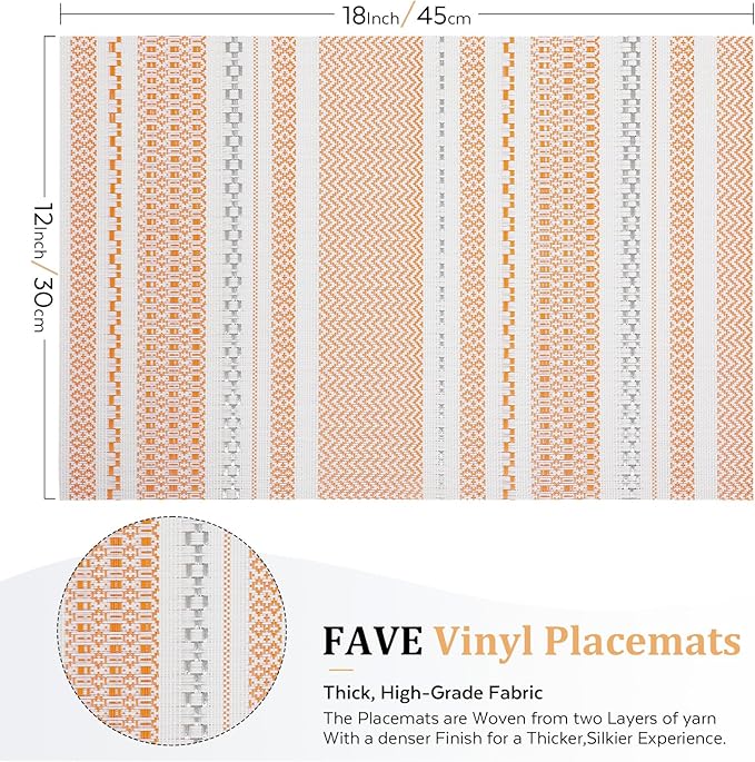 FAVE Boho Vinyl Placemats Set of 4, Durable Woven Place Mats Washable Heat Resistant PVC Table Mats for Parties,Weddings, Dining,Banquet(Orange, 4PCS)