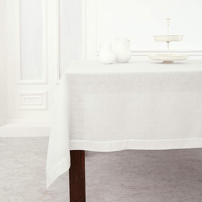 Solino Home Linen Tablecloth for Rectangle Tables 60 x 90 Inch - Classic Hemstitch 100% Pure Linen White Table Cloth - Machine Washable Cloth Tablecloth for Winter, Valentines, Spring, Easter