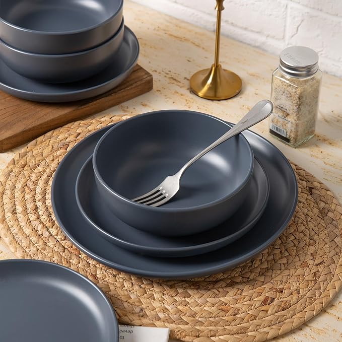 12-Piece Stoneware Dinnerware Set with Mugs | Microwave and Dishwasher Friendly | Stackable Matte Glaze Plates & Bowls | Service for 3 (Blue for 3)