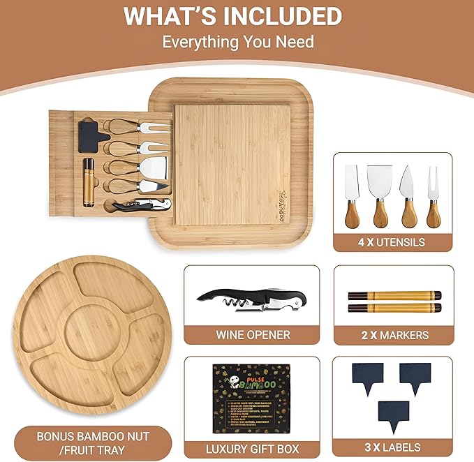 Charcuterie Board Set – Includes Slide-Out Drawer, Complete Hosting Kit with Stainless Utensils, Wine Opener, Slate Labels & Snack Tray – Ideal Gift for Housewarming & Wedding – 13pcs Set