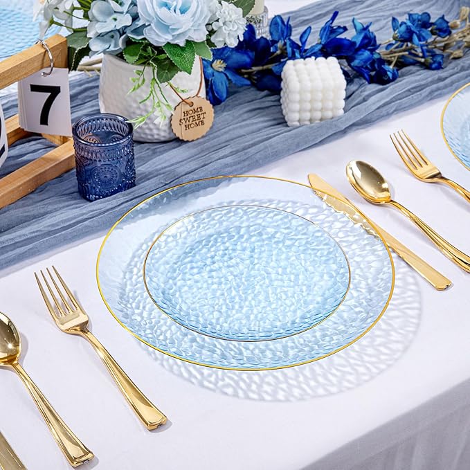 DaYammi 60PCS Blue Gold Plastic Plates - 10 inch Blue Plastic Dinner Plates - Hammer Pattern Design - Fancy Clear and Gold Disposable Plates Ideal for Wedding & Party