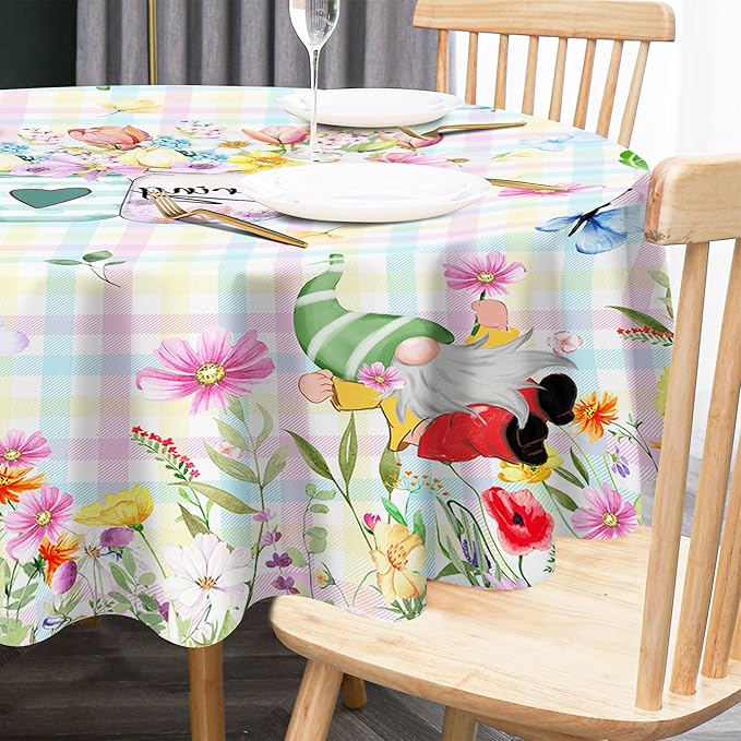 Spring Tablecloth Rectangle 60 x 84 With Gnome Flowers, Buffalo Check Plaid Kitchen Table Cover for Dining Room Indoor Decor