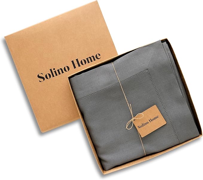 Solino Home Linen Tablecloth 60 x 108 Inch - Classic Hemstitch 100% Pure Linen Steel Gray Table Cloth for Rectangle Tables - Machine Washable Tablecloth for Spring