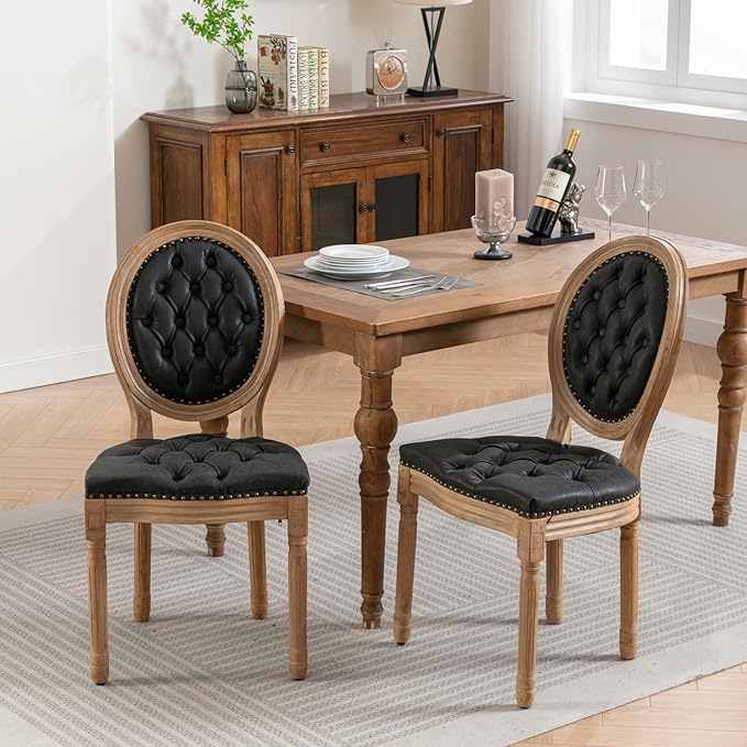 Vintage French Dining Chairs Set of 6, Round Back PU Leather Upholstered Side Chairs with Nailhead Trim and Solid Wood Frame, Sillas de Comedor for Dining Room & Kitchen, Black