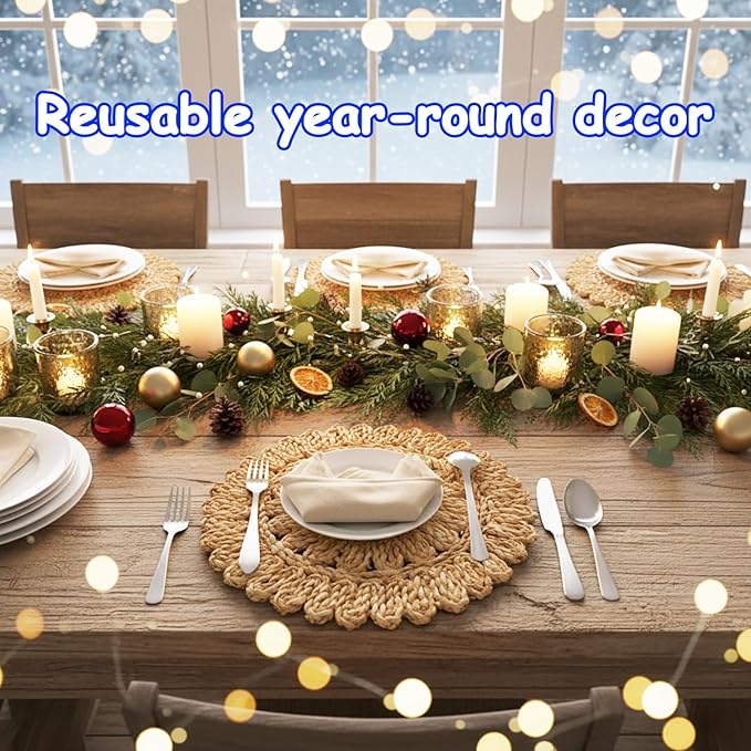 13.8" Round Corn Husk Placemats | Boho Woven Rattan Table Mats | Natural Spring Farmhouse Plate Chargers | Handmade Rustic Wicker Place Mats for Christmas Wedding (Set of 4)