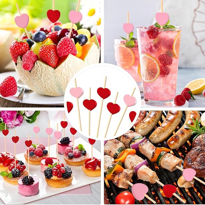 240 PCS Red Love Heart Shaped Cocktail Picks, 4.7Inch Bamboo Fancy Toothpicks for Appetizers, Cocktail Skewers Sticks Selected for Weddings, Valentines Day, Desserts, Charcuterie, Food, Drinks