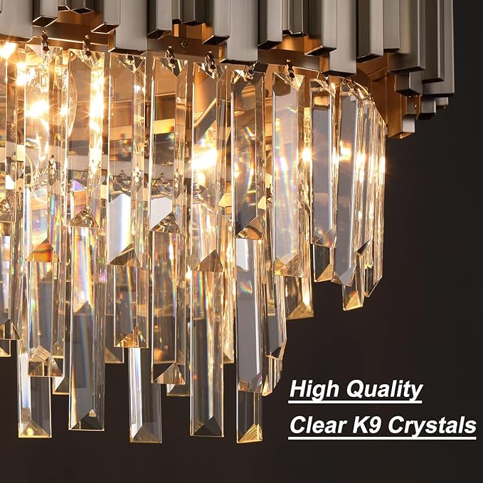 L51.2 Nickel Rectangle Crystal Chandelier for Dining Room Modern Luxury Light Fixture Linear Kitchen Island Contemporary Pendant Ceiling Light Oval Raindrop Chandelier Lighting 19-Light