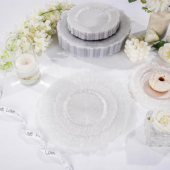 U-QE 60PCS White Plastic Plates - Pearl White Plates Disposable&Reusable - Heavy Duty Plastic Plates for Party&Wedding Including 30 Dinner Plates 10" & 30 Appetizer Plates 7"
