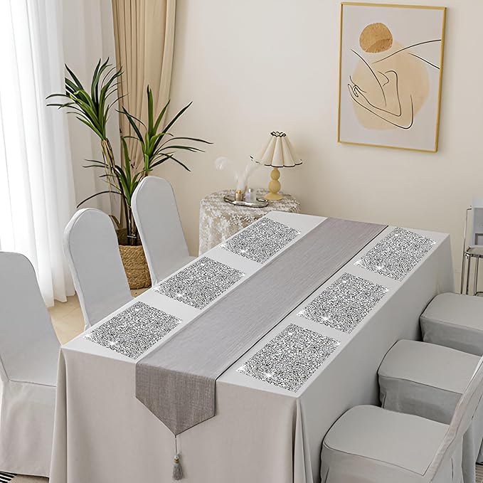Silver Heat Resistant Square Placemats - Set of 12 with Rhinestone Decor and Sparkly Bling