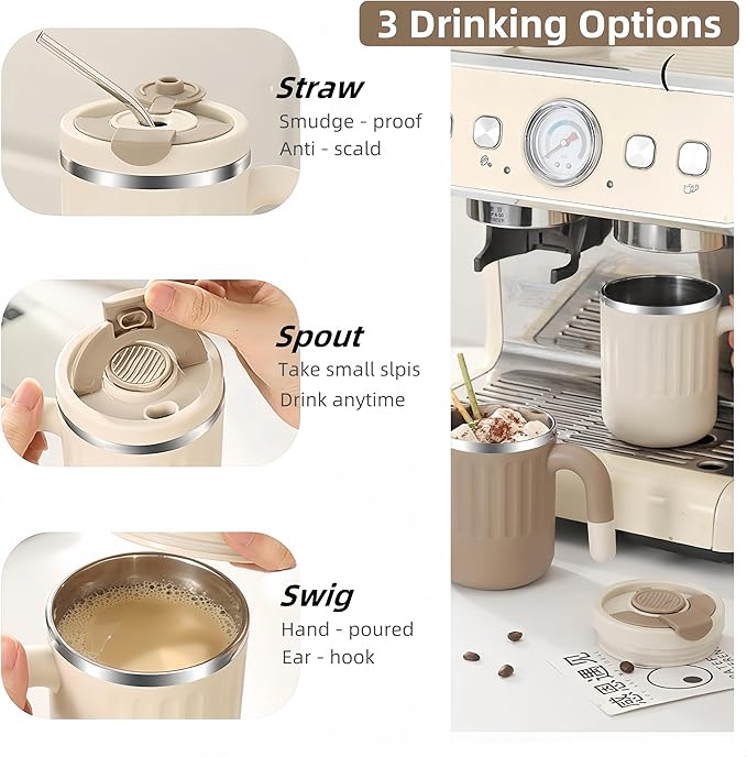 16oz Insulated Coffee Mugs - Ideal for Indoor Office Use. Features SUS 304 Inner, Double Wall Insulation, Detachable Silicone Ring. 3 Drinking Options. Available in White, Brown, Pink (Pink)