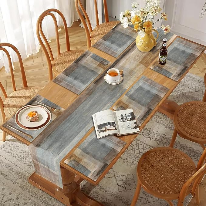 Mcalk Brown Table Runner and Placemats Set of 6, Abstract Grey Placemats, Modern Art Cloth Place Mats Indoor for Kitchen,Washable Linen Material for Dining Table