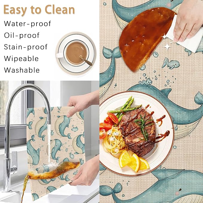 Placemats Set of 6,Cute Whale Table Mats,Sea Animal Washable Linen Table Mats,Non-Slip Heat Resistant Placemats for Party Kitchen Dining Indoor Outdoor 12"x18"