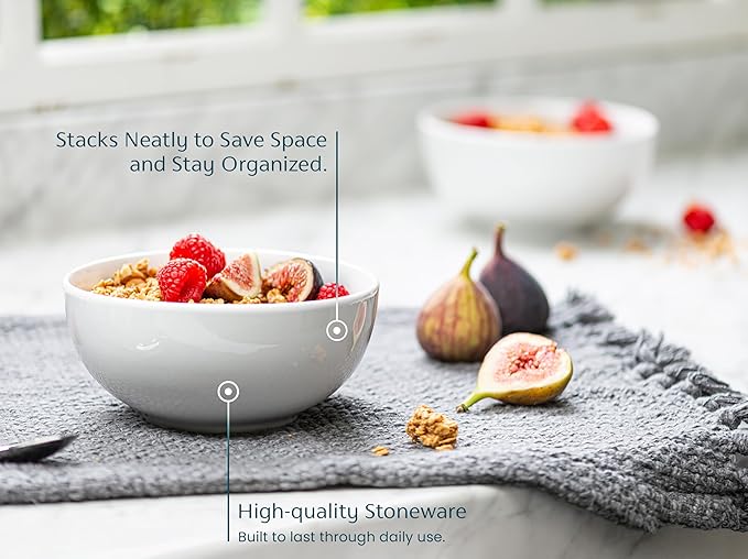 KooK Ceramic Cereal Bowls, Microwave, Dishwasher and Freezer Safe, Porcelain Dishes for Soup, Pasta, Salad, Oatmeal, Deep Interior, 24 oz, Set of 6, Marshmallow White