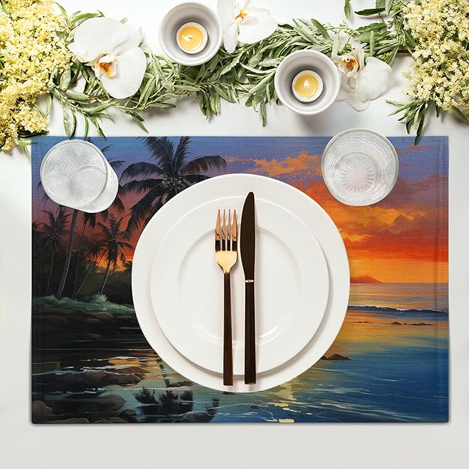 Beach Placemats Set of 4 - Palm Tree Place Mat 12x18 Inch Summer Sunset Placemats Sea Ocean Table Mat for Party Kitchen Dining Home Holiday Party Decor