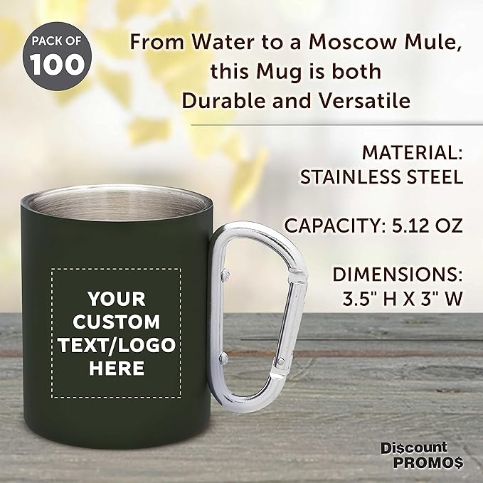 Custom Stainless Steel Mugs with Carabiner Handle 10 oz. Set of 100, Personalized Bulk Pack - Perfect for Coffee, Soda, Other Hot & Cold Beverages - Army Green