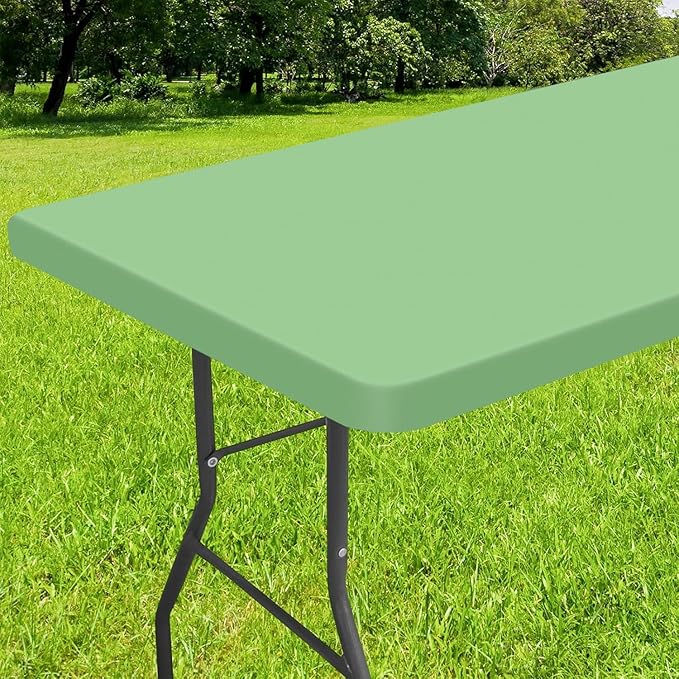 Smiry Rectangle Tablecloth, Elastic Fitted Flannel Backed Vinyl Tablecloths for 8ft Folding Tables, Waterproof Wipeable Table Covers for Indoor, Outdoor, Picnic and Camping (Sage Green, 30"x96")
