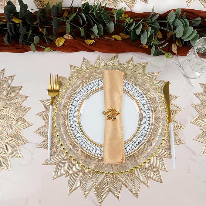 Placemats Set of 6, Round Hollow Out Flowers Place Mats for Dining Table Pressed Vinyl Blooming Leaf Table Mats for Holiday Party Wedding Accent Centerpiece Dinner Decoration (Gold)
