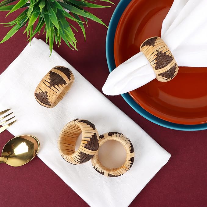 CLEENTABLE Cane Napkin Rings - Elegant Fall Napkin Rings for Table Decoration - Handwoven Natural Rattan Set of 12 Napkin Ring Suitable for Table Decor, Dining, Events, and Everyday Use (Brown)