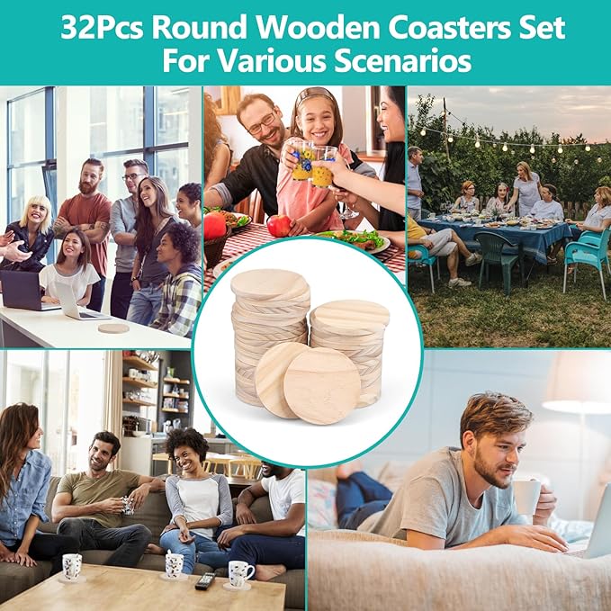 Adrattnay 32Pcs Unfinished Wood Coasters, 4" Round Wooden Coasters Tabletop Protection with Non-Slip Dot for Drinks, 9mm Blank Wood Coasters Bulk for Laser Engraving Painting Wood Burning Crafts