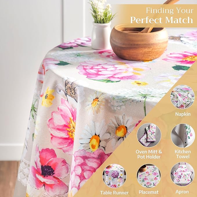 Maison d' Hermine Table Cloth Round Table 100% Cotton 63 Round Inches Tablecloth Reusable Decorative for Dining Room Farmhouse Home Valentines Day Decorations Spring Summer - Pivoine